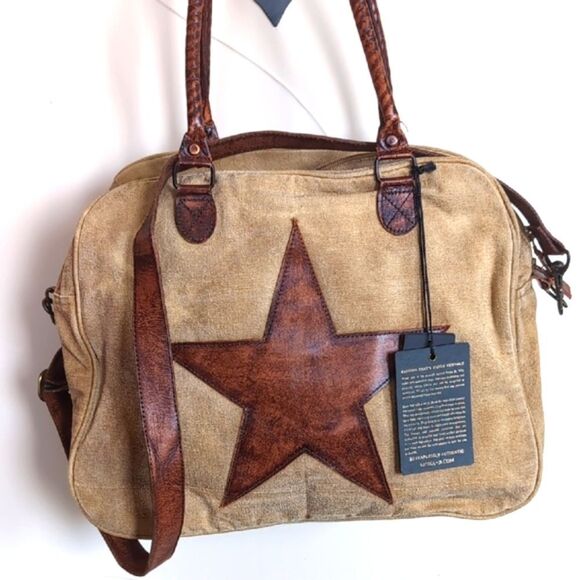 Mona B Shining ⭐ Star Upcycled Canvas And 100% Leather Messenger Bag NWT - Picture 1 of 17